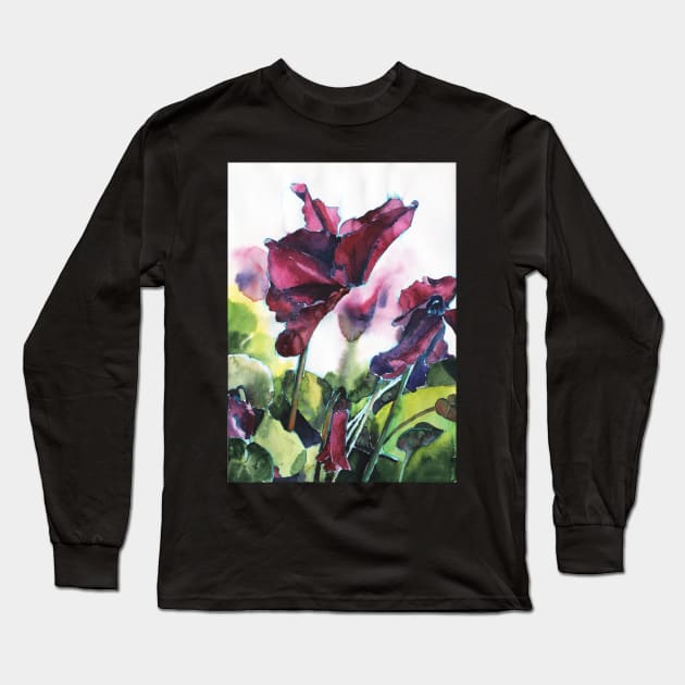 Cyclamen watercolor, pink flowers Long Sleeve T-Shirt by Olga Berlet